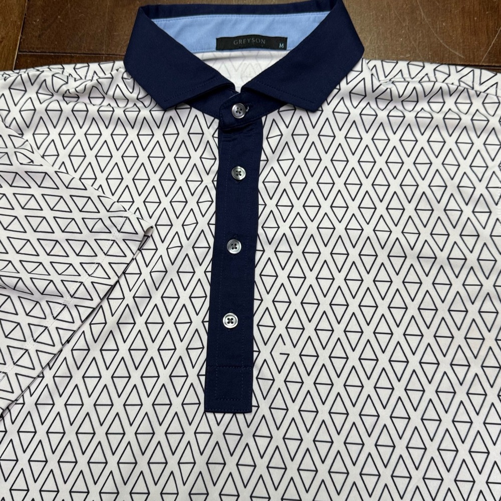 Greyson Polo Shirt Mens Medium White Navy Geometric Streamsong Black Golf Pique
